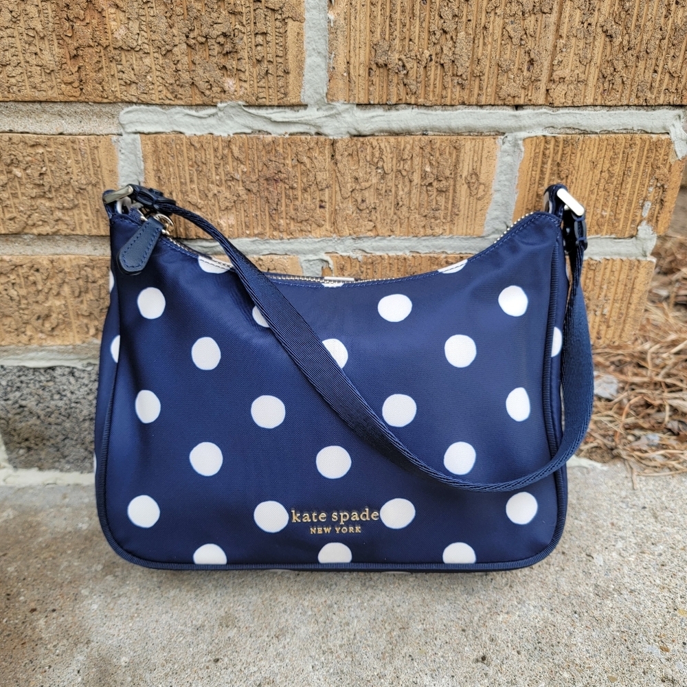 Kate Spade Little Better Sam Navy Polks Dot Nylon Leather Small Handbag